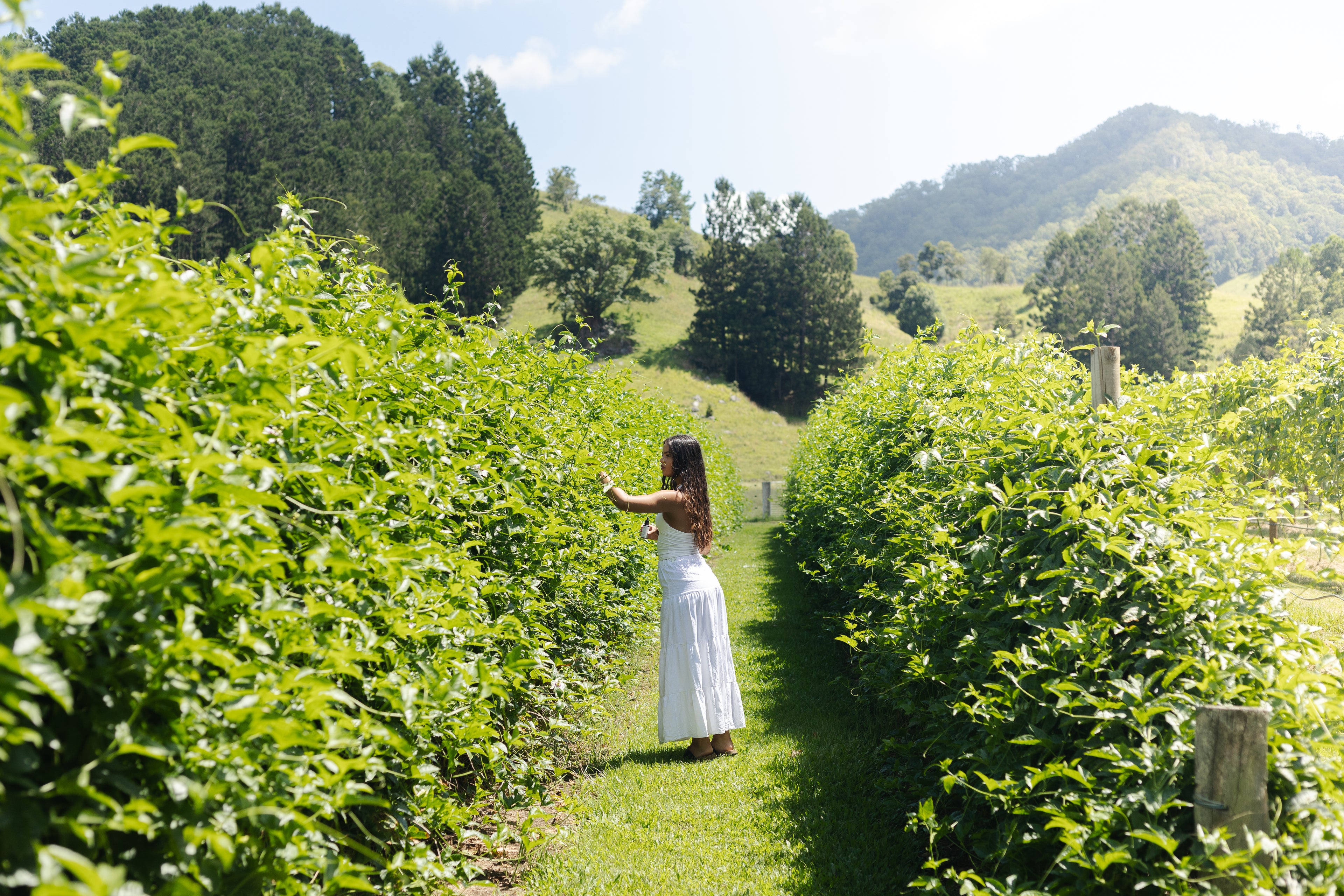 girl on a farm holding bottle of chakra oil in nature